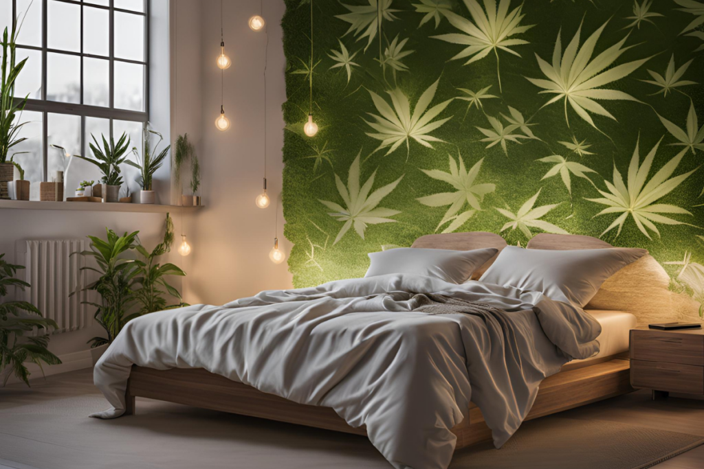 Schlafraum mit Hanfblatt im Hintergrund, symbolisiert die entspannende Wirkung von CBD