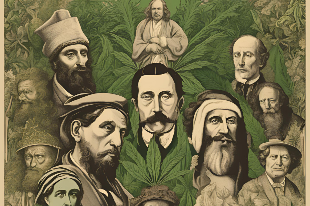 Berühmte Persönlichkeiten, die Hanf konsumieren, dargestellt in einem künstlerischen Stil