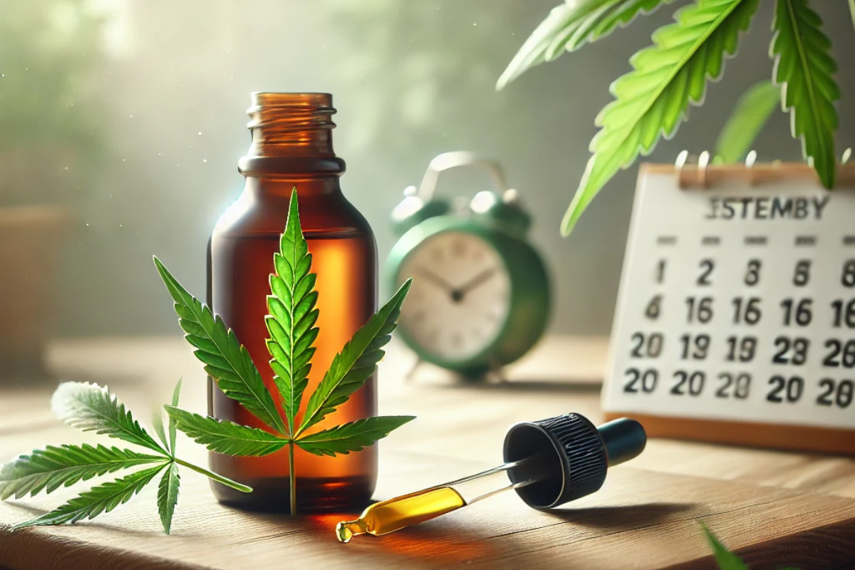 Eine Flasche CBD-Öl mit einem Tropfer, platziert auf einer Holzoberfläche mit einem frischen Hanfblatt daneben. Im Hintergrund deuten ein kleiner Kalender und eine Uhr subtil auf Dosierung und Haltbarkeit hin.
