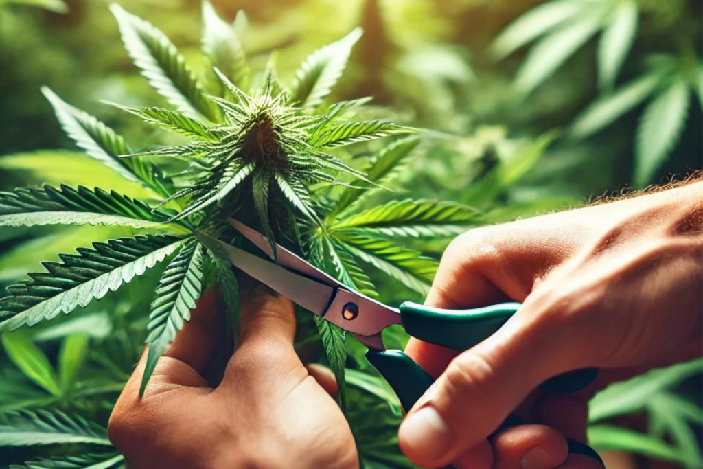 Nahaufnahme einer Hanfpflanze, die von einer Person mit einer Schere sorgfältig getrimmt wird.