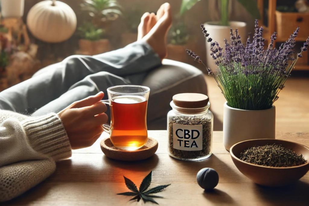 Person entspannt sich mit CBD-Tee zur Stressbewältigung