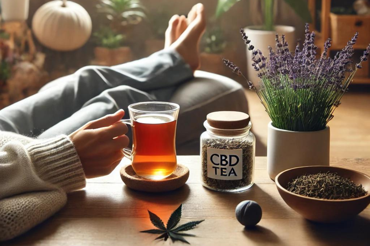 Person entspannt sich mit CBD-Tee zur Stressbewältigung