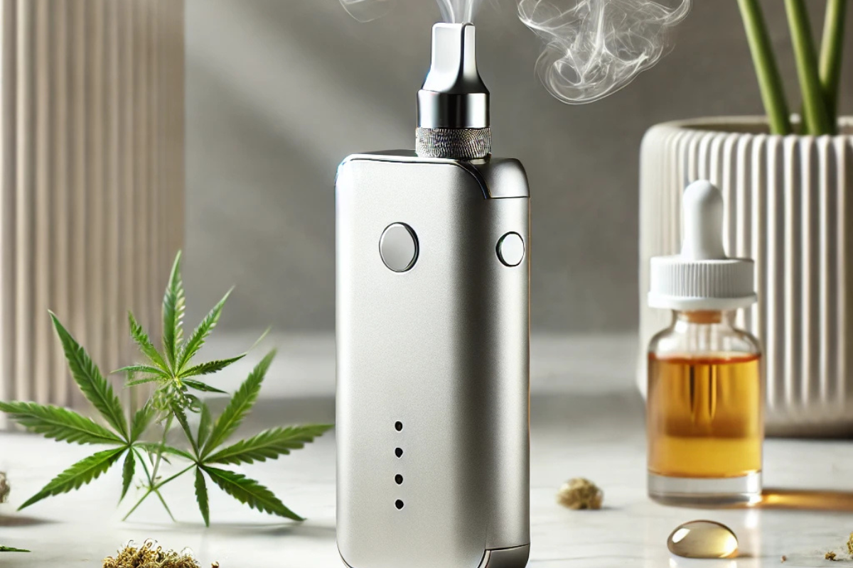Ein eleganter CBD-Vaporizer, der sanften Dampf in einer entspannten Umgebung abgibt.