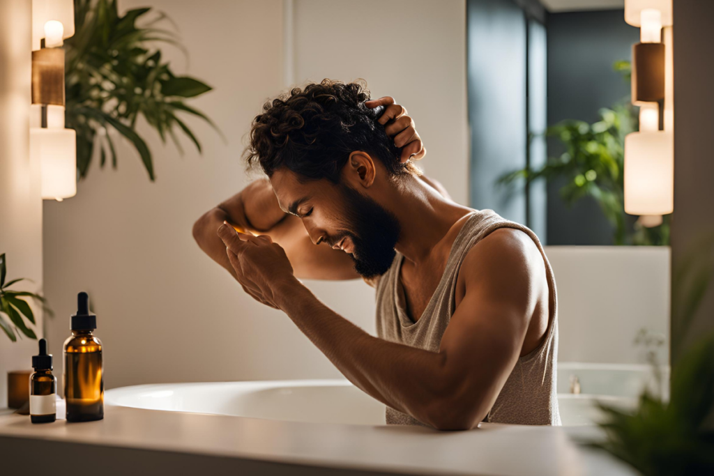 Eine Person massiert CBD-Öl in ihr Haar, um Haarausfall zu verhindern