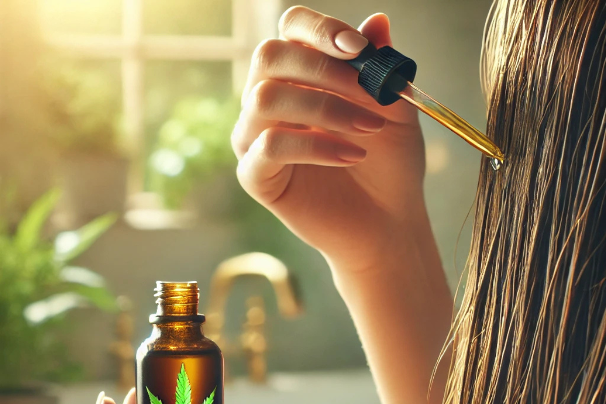 Eine Person trägt sanft CBD-Öl auf ihre Kopfhaut auf, mit gesund glänzendem Haar im Vordergrund. Im Hintergrund ein entspannter Badezimmerbereich mit Pflanzen und weichem Licht.