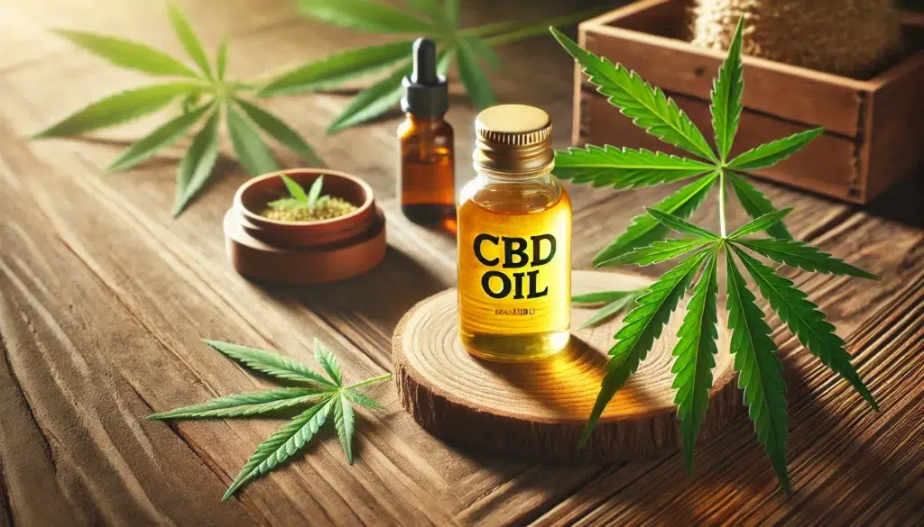 CBD Öl Flasche mit Hanfblättern im Hintergrund