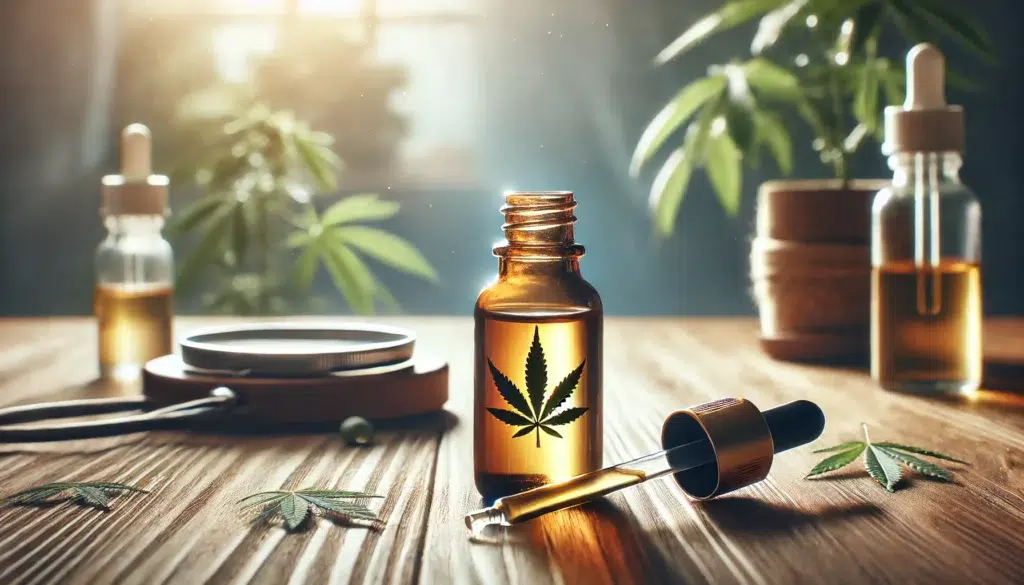 CBD-Öl Flasche mit Tropfer auf Holztisch