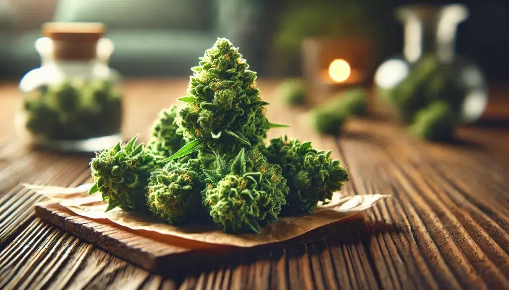 Hochwertige CBD-Blüten auf einem Holztisch