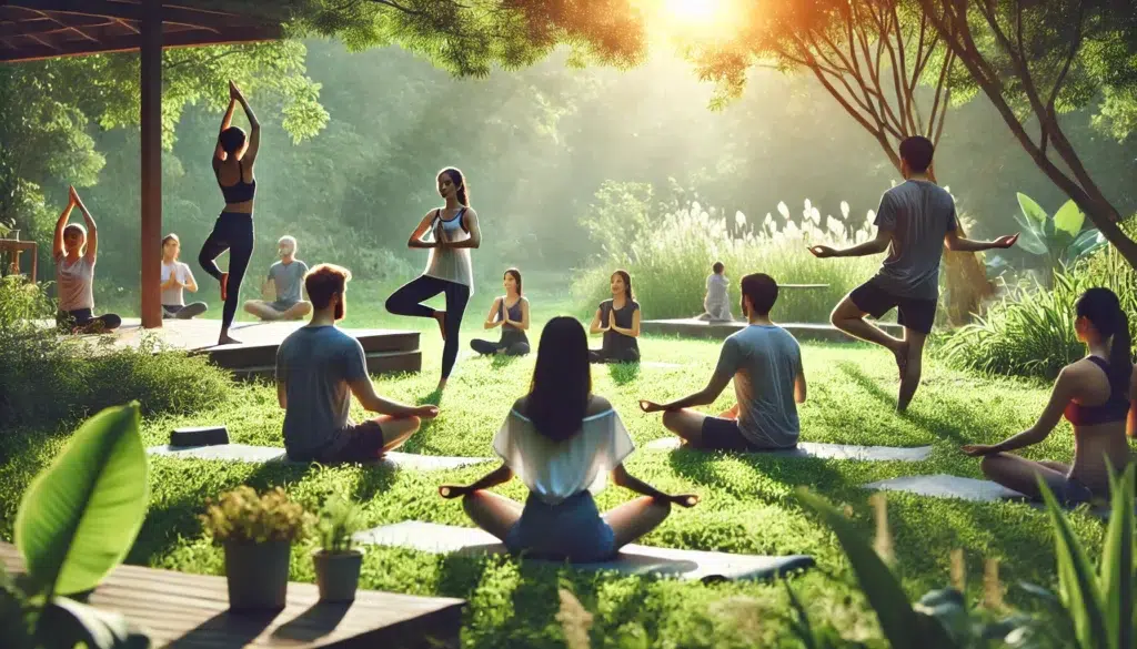 Menschen in der Natur, die Meditation und Bewegung praktizieren