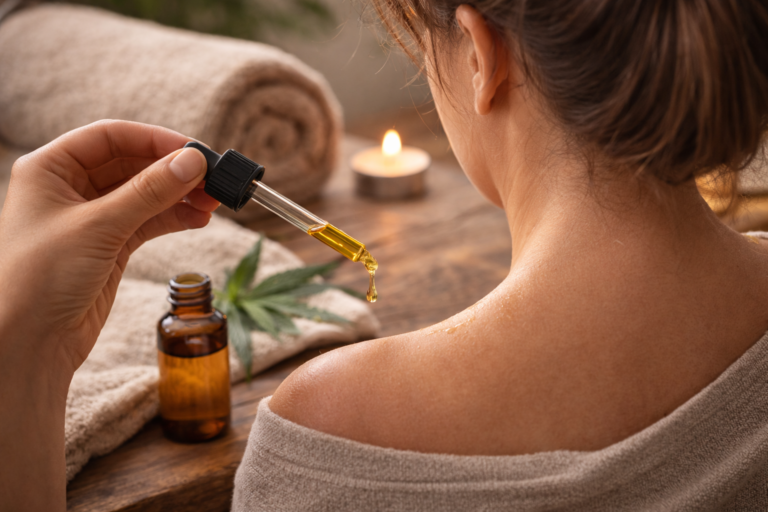 CBD Öl Anwendung auf Hals und Schulter