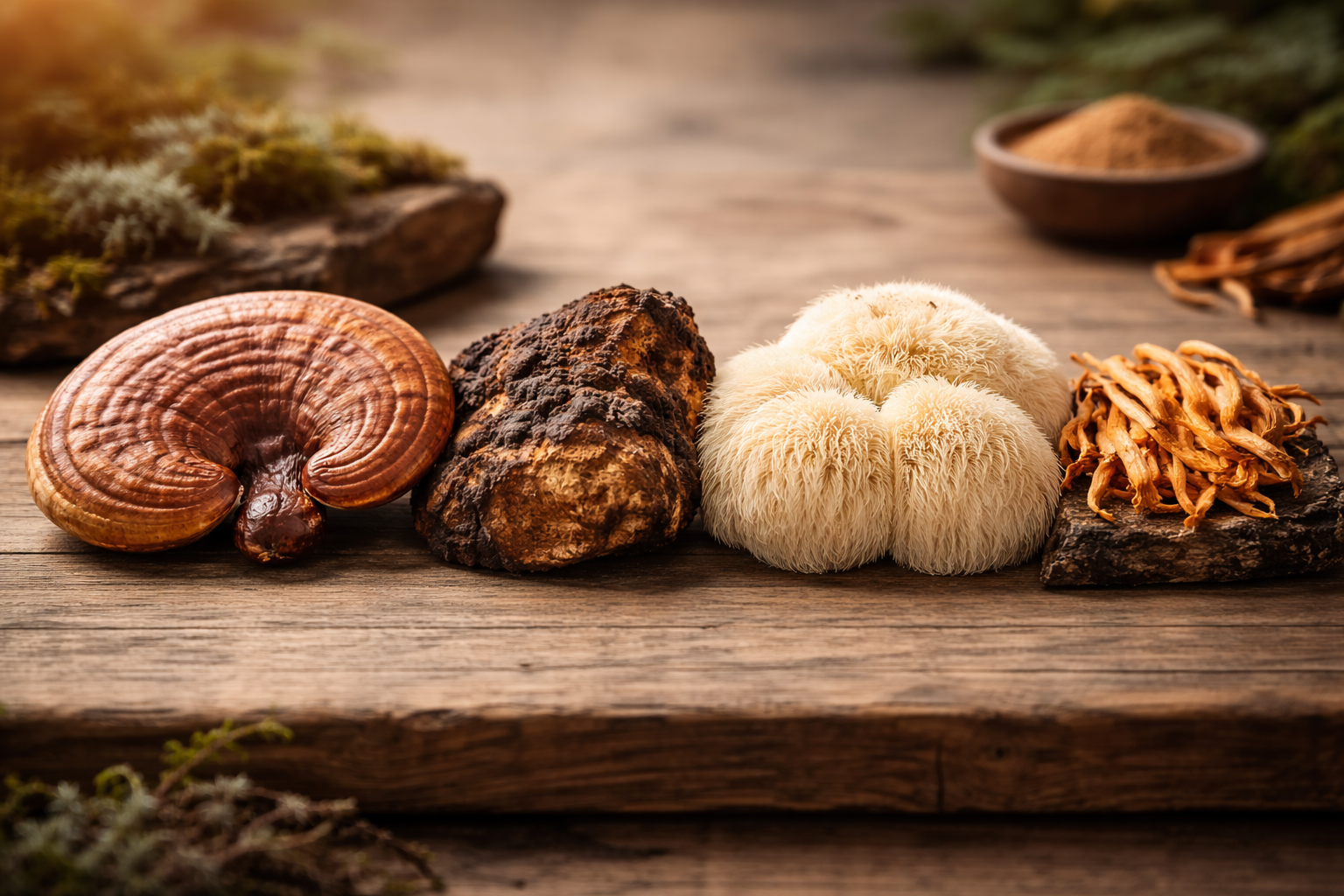Heilpilze, Vitalpilz-Kapseln und Pulver als Auswahl auf Holzoberfläche – Symbol für Qualität und Vergleich