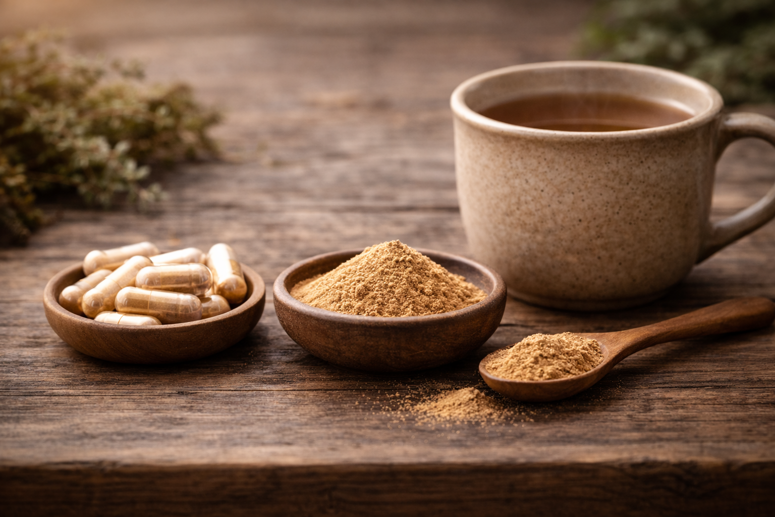 Vitalpilze als Kapseln und Pulver auf Holzoberfläche – Überblick zu Wirkung und Anwendung