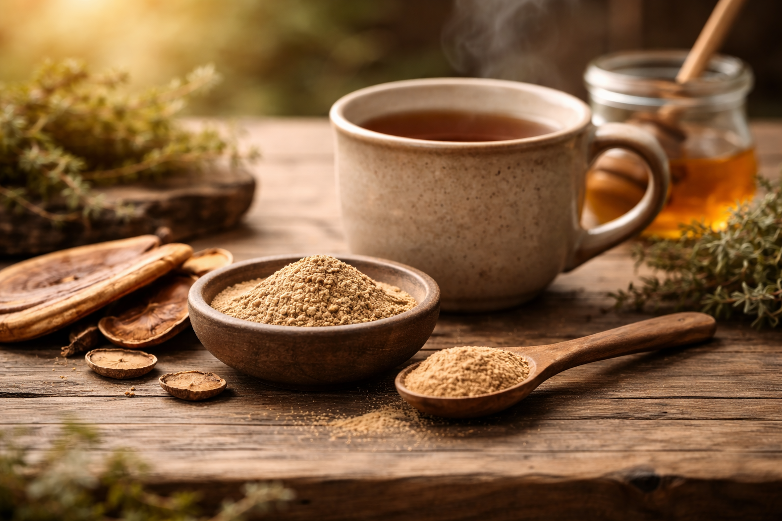 Tasse Tee, Vitalpilz-Kapseln und Pilzpulver auf Holz – Symbol für tägliche Wellness-Routine