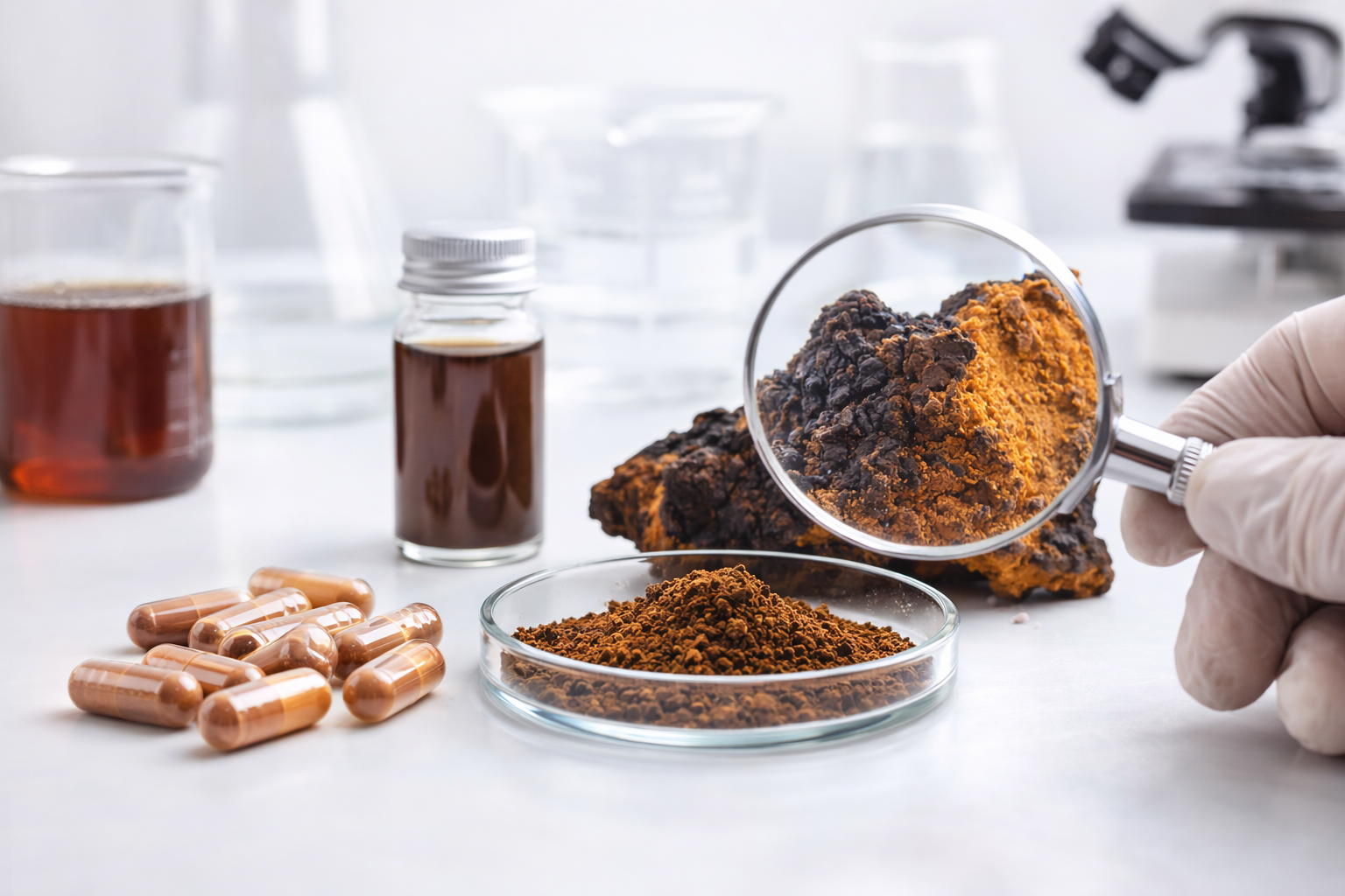 Chaga Rohstoff und Extrakt – Qualitätsdetail