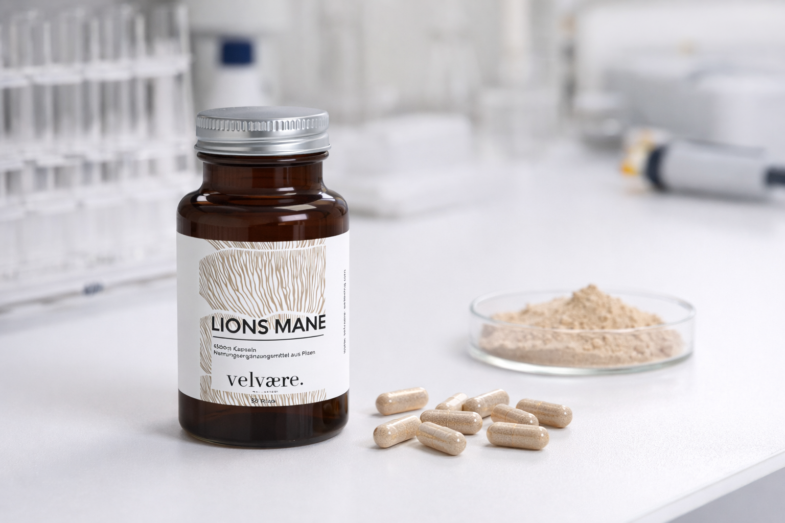 Lion’s Mane Nahrungsergänzungsmittel in Laborumgebung