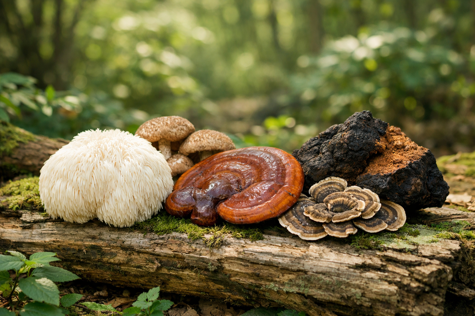 Verschiedene Vitalpilze natürlich arrangiert im Waldlicht