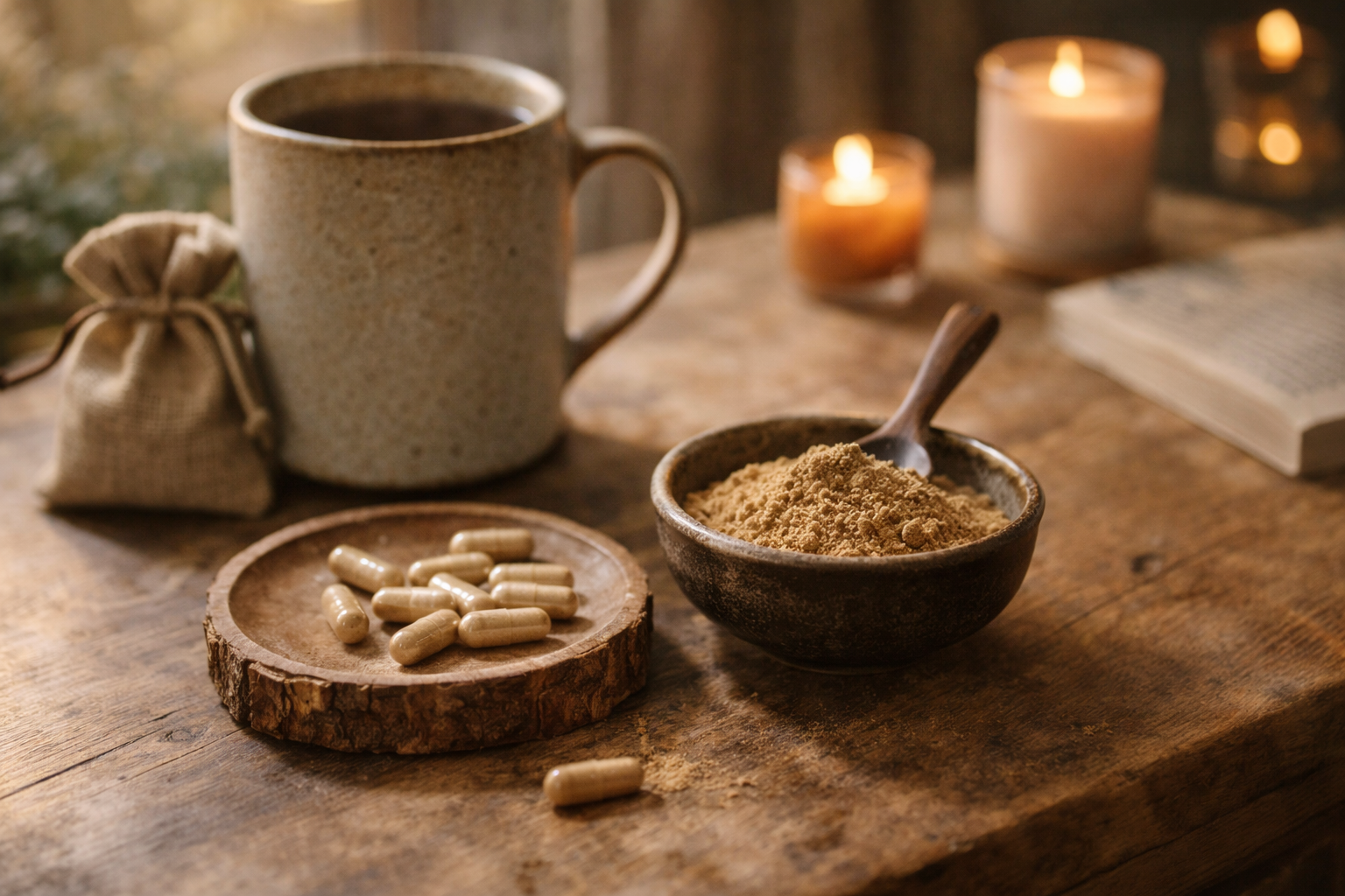 Ruhiges Alltagsszenario mit Vitalpilzen, Tee und natürlichem Licht