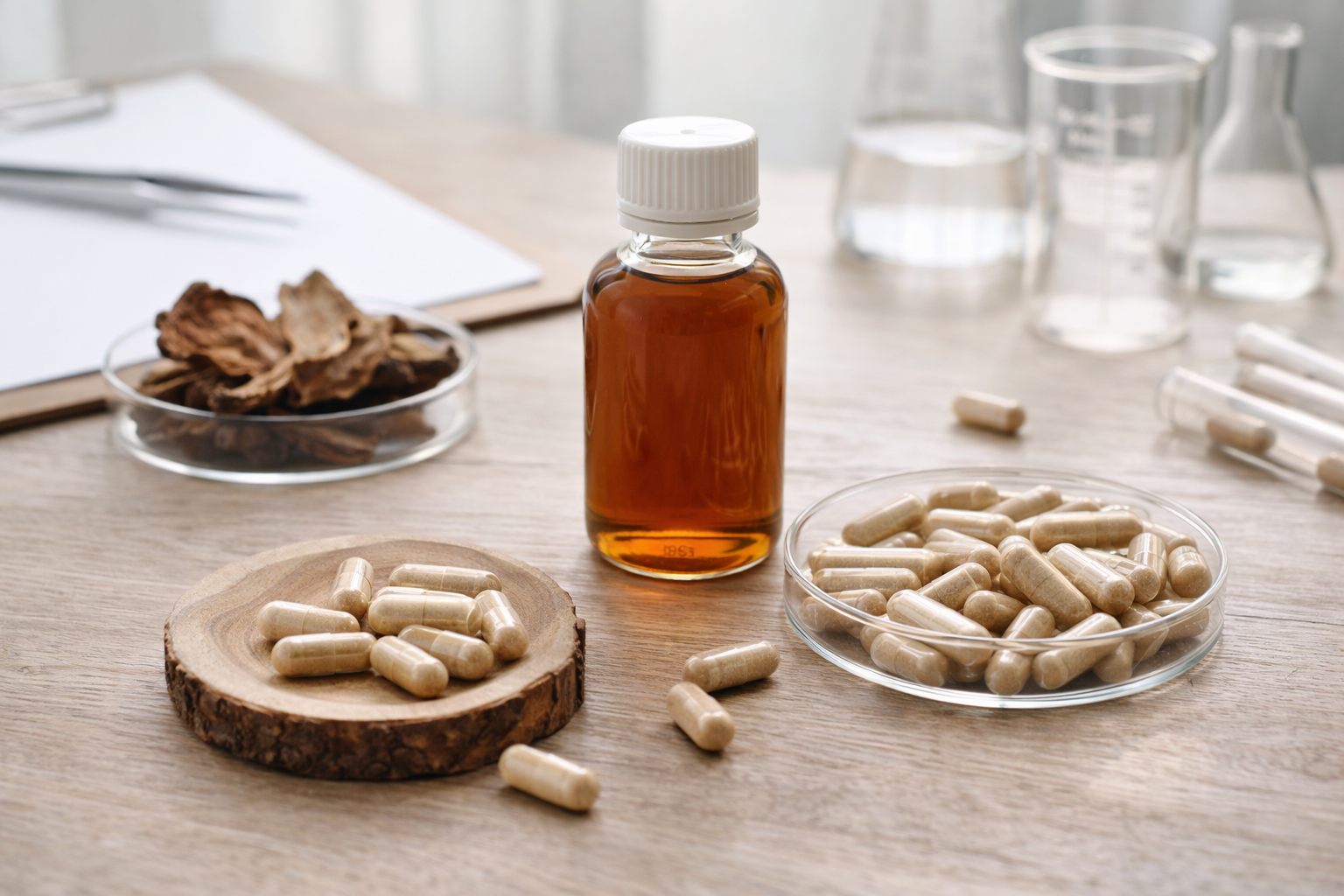 Vitalpilz-Extrakt und Kapseln in hochwertigem, cleanem Setting