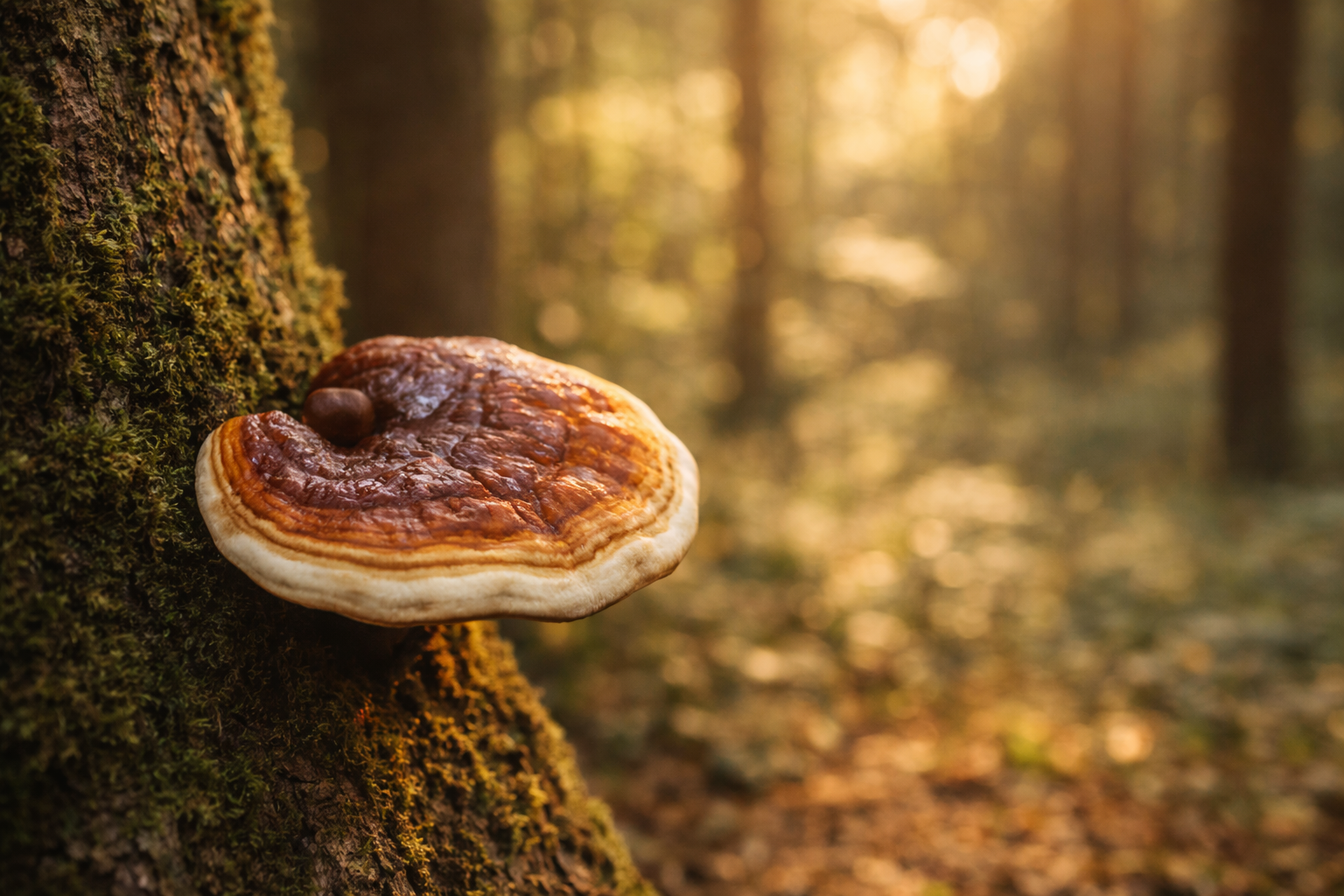 Reishi Pilz Glänzender Lackporling auf Baumstamm im Wald