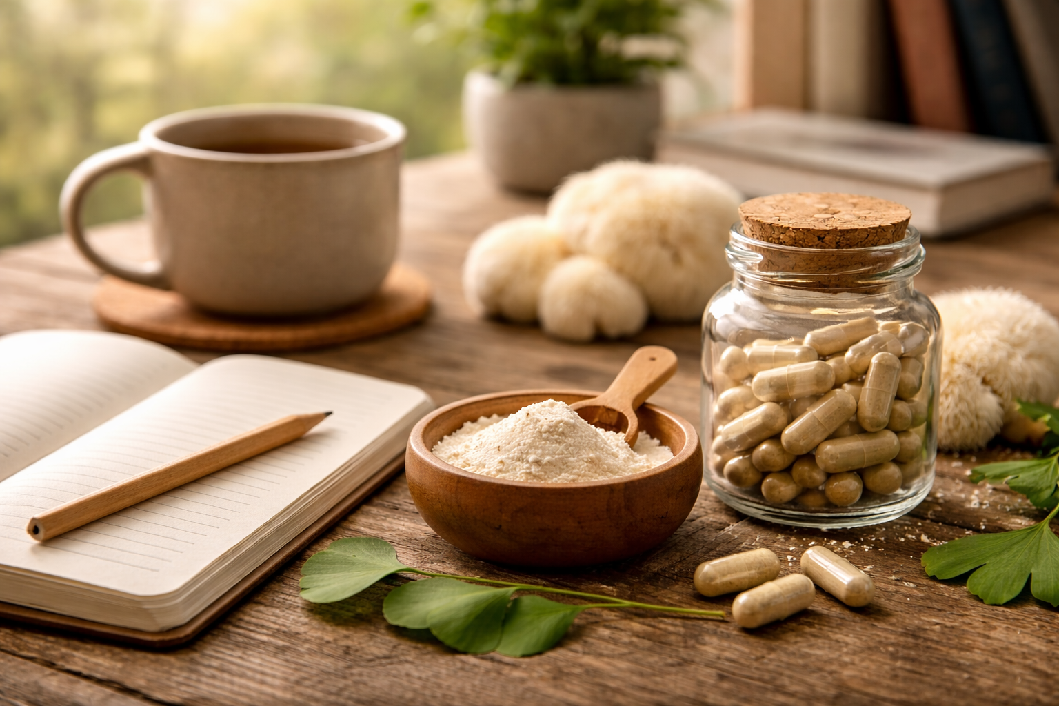 Studienplatz mit Büchern und Pilzextrakten zur Konzentrationssteigerung