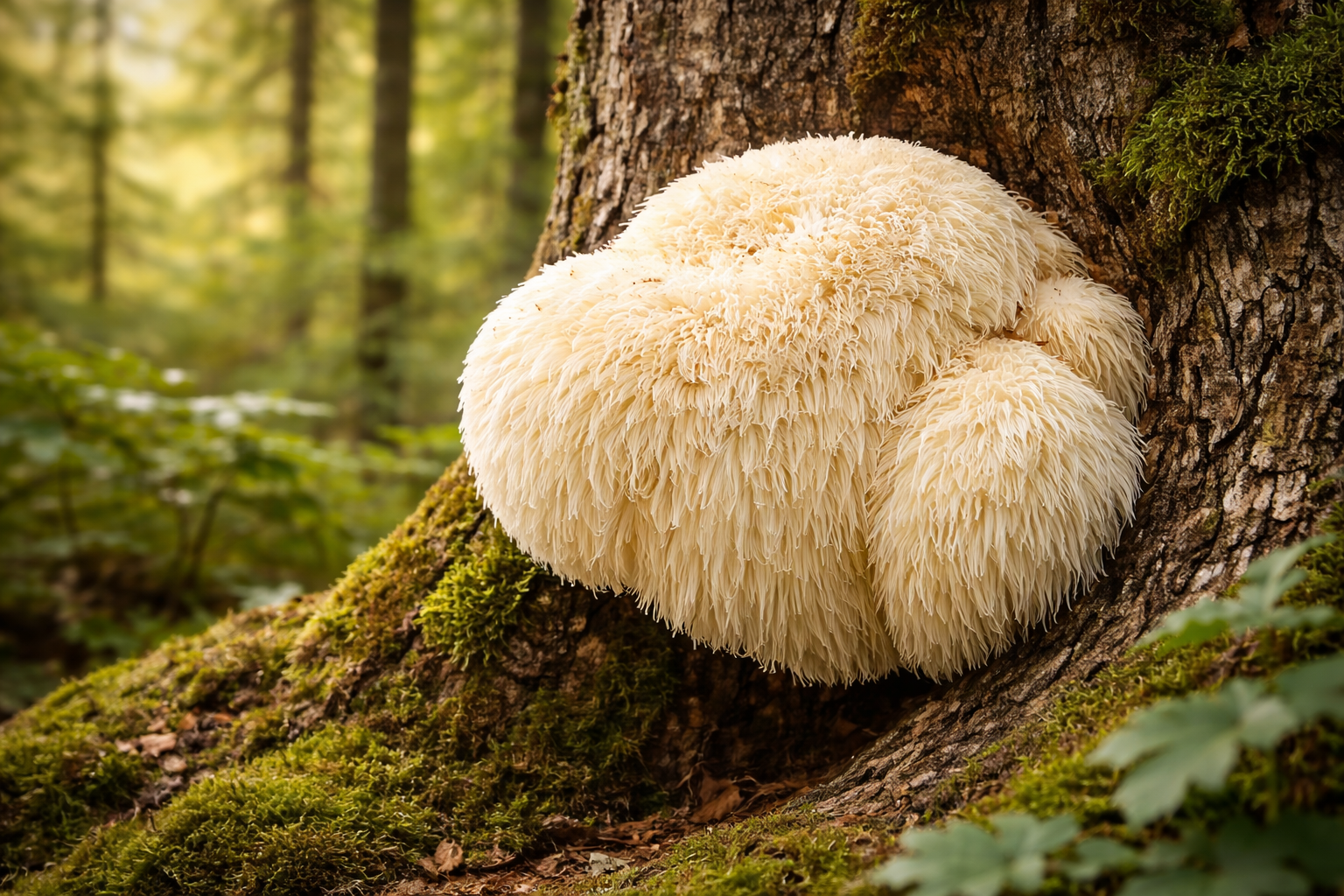 Der Igelstachelbart (Lion's Mane) in der freien Natur an einem Baum