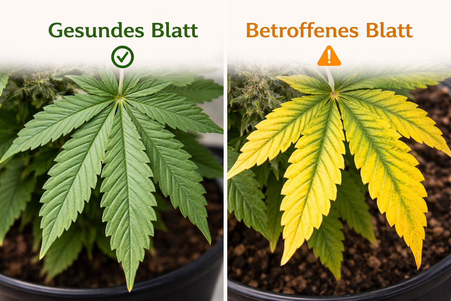 Vergleich zwischen einem gesunden Cannabisblatt und einem mit Magnesiummangel